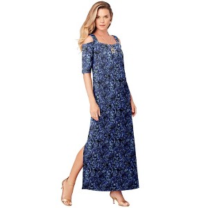 Roaman's Women's Plus Size Petite Ultrasmooth Cold Shoulder Maxi Dress - 1 of 4