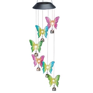 Collections Etc Solar Powered Butterfly and Bell Hanging Garden Mobile Green - 1 of 2