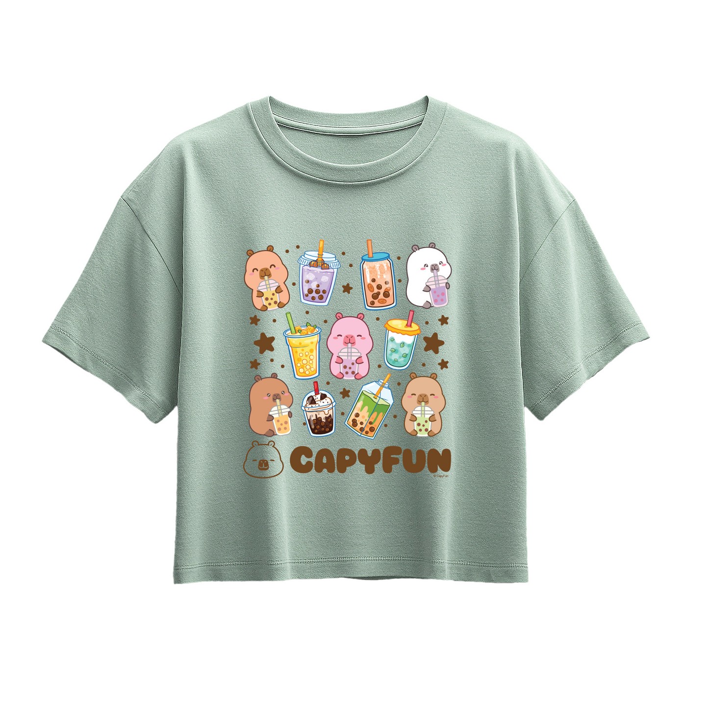 Футболка CapyFun Capybara Boba Grid Short Sleeve Boxy Graphic T-Shirt - Seafoam для девочек — фото 1