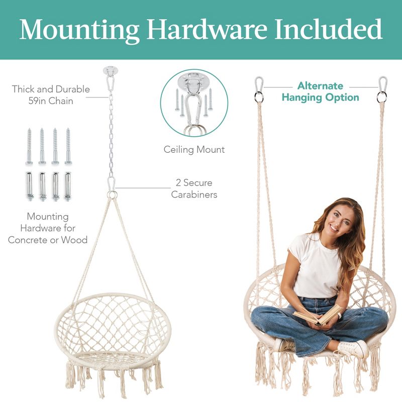 Best Choice Products Handwoven Cotton Macramé Hammock Hanging Chair Swing for Indoor & Outdoor Use w/ Backrest, 5 of 11
