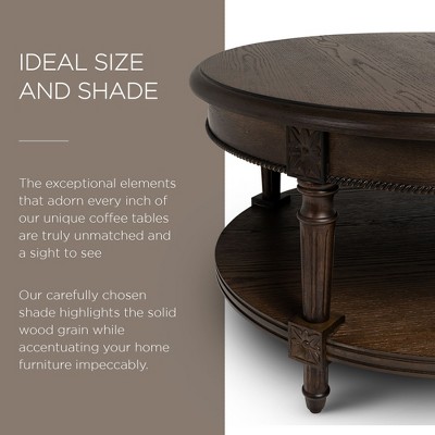 Antiqued Brown Round Wooden Coffee Table with Shelf Storage