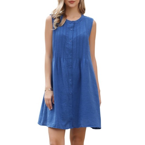 Женские платья INSPIRE CHIC Women's Sleeveless Crew Neck Button Down Pleats Casual A-Line Mini Dresses Medium Blue