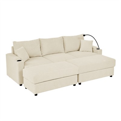 GDFStudio Rod Modern 3 Seater Corduroy 102" Sofa with Cup Holders,Mobile Phone Holder, Armrest Storage and Ottoman