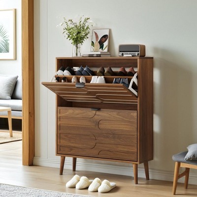 Chic Crate 31.5" Modern Walnut Shoe Cabinet with Flip Drawers, Entryway Storage for Hallway & Mudroom