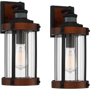John Timberland Stan Industrial Outdoor Wall Light Fixtures Set of 2 Dark Wood Black Motion Sensor 15 1/2" Clear Glass for Porch Patio - 1 of 4
