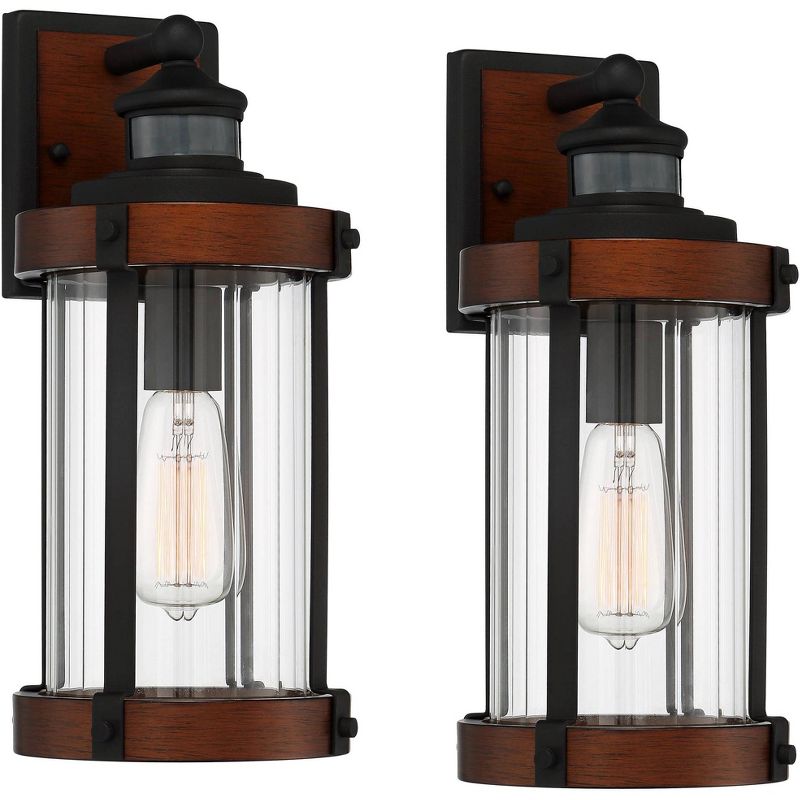 John Timberland Stan Industrial Outdoor Wall Light Fixtures Set of 2 Dark Wood Black Motion Sensor 15 1/2" Clear Glass for Porch Patio, 1 of 9