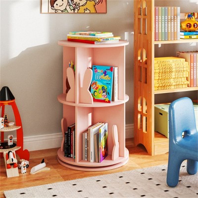 Angel Sar 2 Tier Kids Rotating Bookshelf with Bunny Baffles, 360° Spinning Bookshelf, Storage Organizer for Playroom or Bedroom, Pink