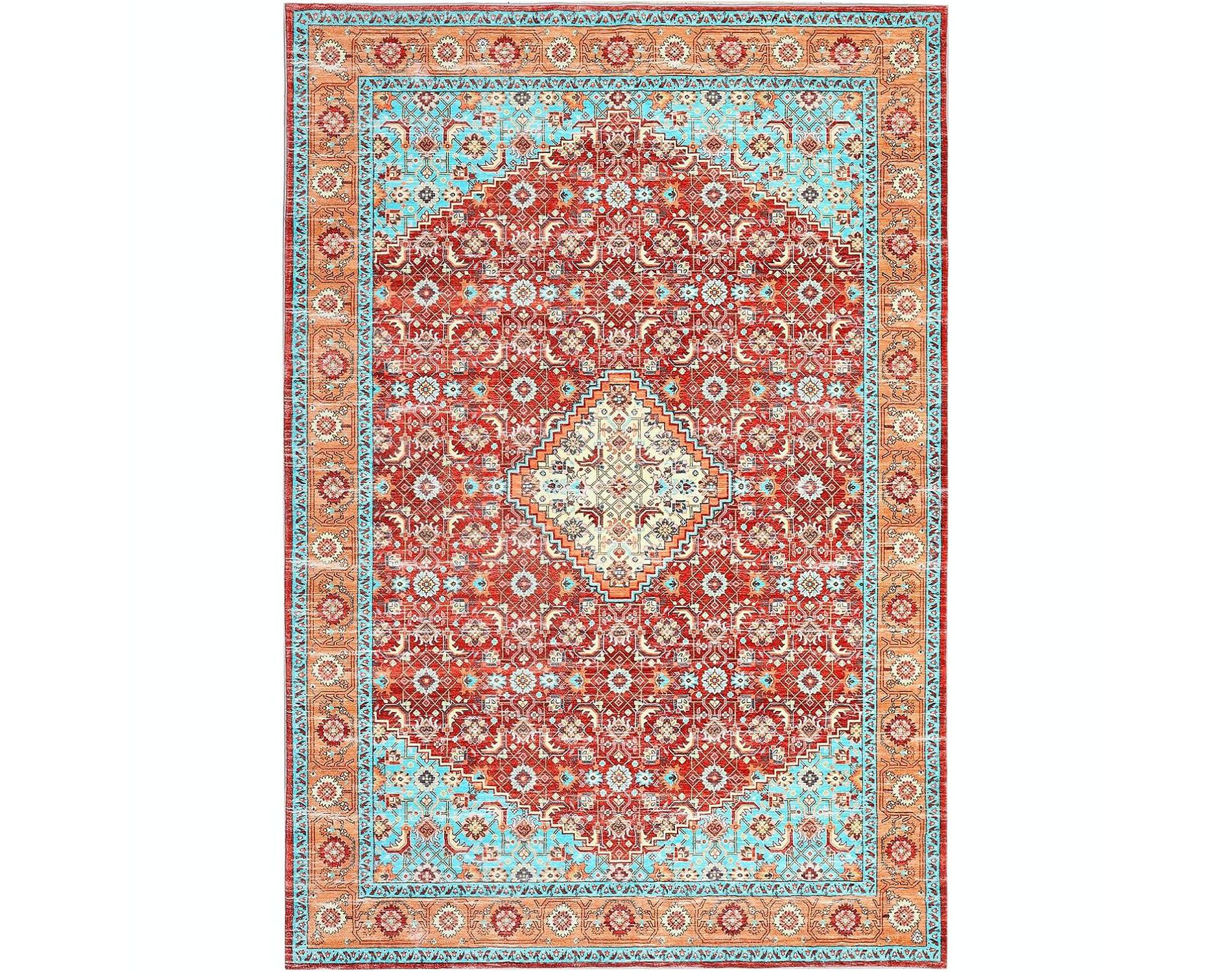 9x12 FT Persia Style Area Rug, Retro Floral Print, Washable Rugs, Non-Slip Backing, Non-Shedding, for Living Room, Bedroom, Red & Green Hue
