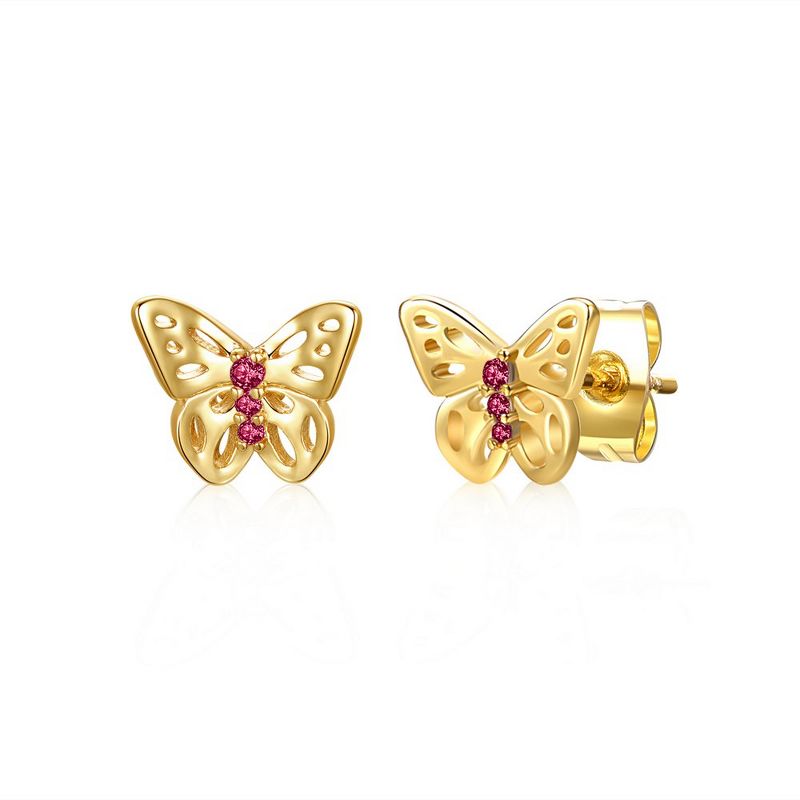 Guili 14k Yellow Gold Plated with Red Or white Cubic Zirconia 3-Stone Filigree Butterfly Stud Earrings, 2 of 3