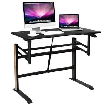 Tangkula Standing Desk Height Adjustable Pneumatic Stand Up Desk w/Cable Management Holes Carbon Fiber Surface Ergonomic