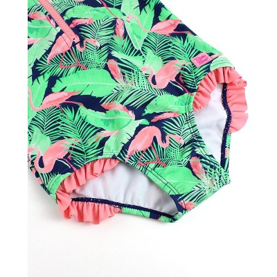 RuffleButts Toddler Girls Short Sleeve UPF50+ One Piece Rash Guard - Flamingo Frenzy, 4T — фото 5