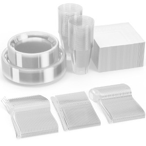 Crown Display 182 Pc Plastic Dinnerware Set: Includes 26 Each of 9''  Plates Disposable, 7'' Dessert Plates, 12oz Cups Napkins & Cutlery - 1 of 4