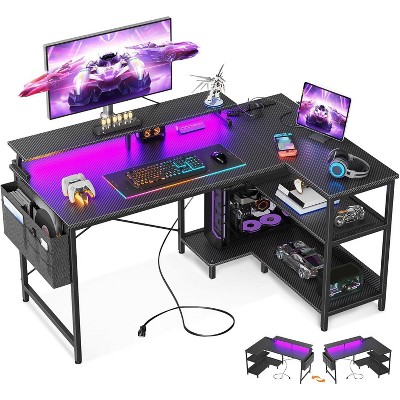 ODK 48 Inch Gaming Desk with USB Charging Ports and LED Lights, Reversible L Shaped Computer Desk with Storage Shelves & Monitor Stand