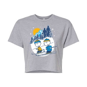Women's - Peanuts - Charlie Brown And Linus Skiing Cropped Graphic T-Shirt - 1 of 4