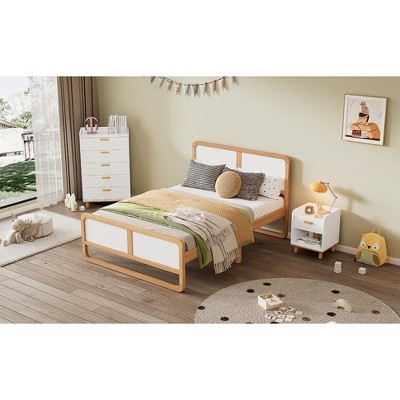 DOMETOUR Modern Style Queen Size Solid Wood Platform Bed for  Kids, Teens, Adults, No Need Box Spring, Walnut and White
