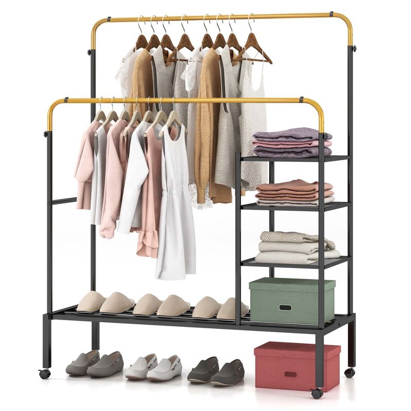 Costway Rolling Clothes Drying Rack Double Rods Garment Rack with Height Adjustables Gold/Silver, 1 of 11