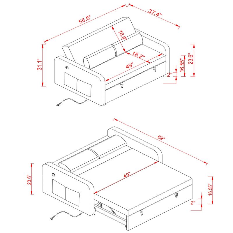 55.5" Pull Out Sleeper Sofa with USB Charge-ModernLuxe, 3 of 12