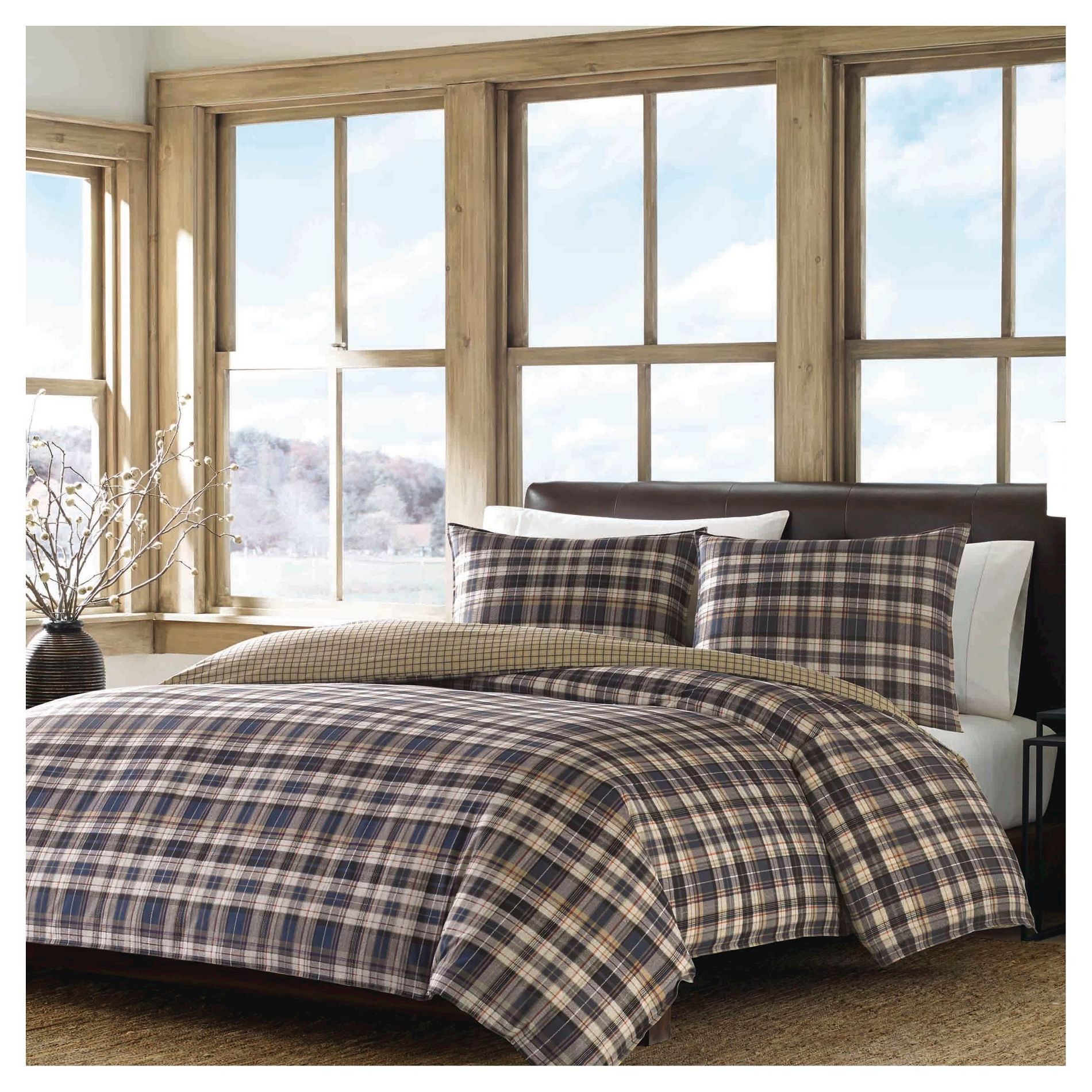 Port Gamble Plaid Duvet Cover And Sham Set (Full/Queen) Navy - Eddie Bauer: Cotton Comfort, 180 Thread Count, Machine Washable