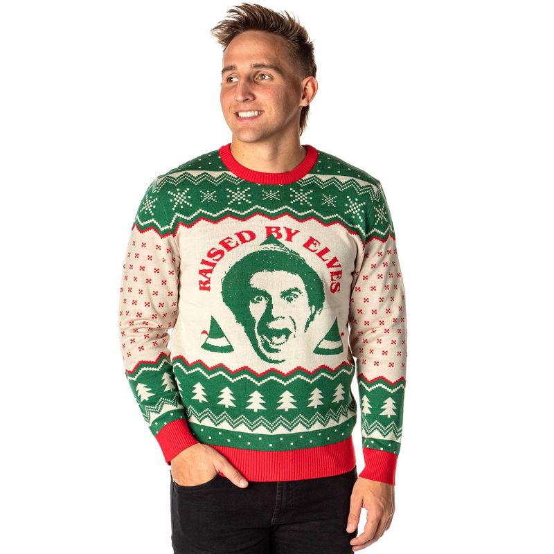 ELF The Movie Men's Raised By Elves Ugly Christmas Sweater Knit Pullover, 1 of 7