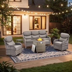Buenhomino 5Pcs Patio Furniture Set with Fire Pit - Wicker Patio Conversation Set with Swivel Glider, Wicker Sofa, Tempered Side Table,6-inch Cushion - 1 of 4