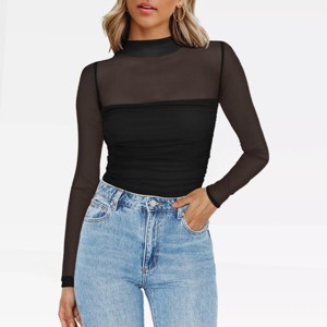 Womens Fall Tops Trendy Mock Turtle Neck Long Sleeve Tops Sheer Mesh Ruched Slim Fit Going Out Shirts Blouse - 1 of 4