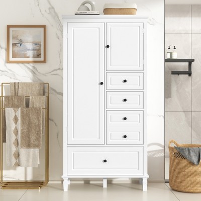 VYNXARIA Tall White Storage Cabinet with Doors & Drawers for Bathroom, Office, and Living Room