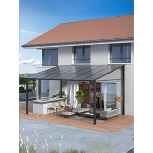 Dark Brown 12x14FT Wall-Mounted Lean-To Gazebo ¨C Heavy Duty Hardtop Pergola with Sloped Roof for Porch, Deck & Backyard Shade & Rain Protection - 1 of 4