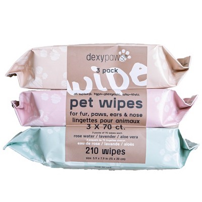 Dexypaws: Pet Cleansing Wipes - 3 Packs (70ct each), Aloe-Lavender-Rose Water