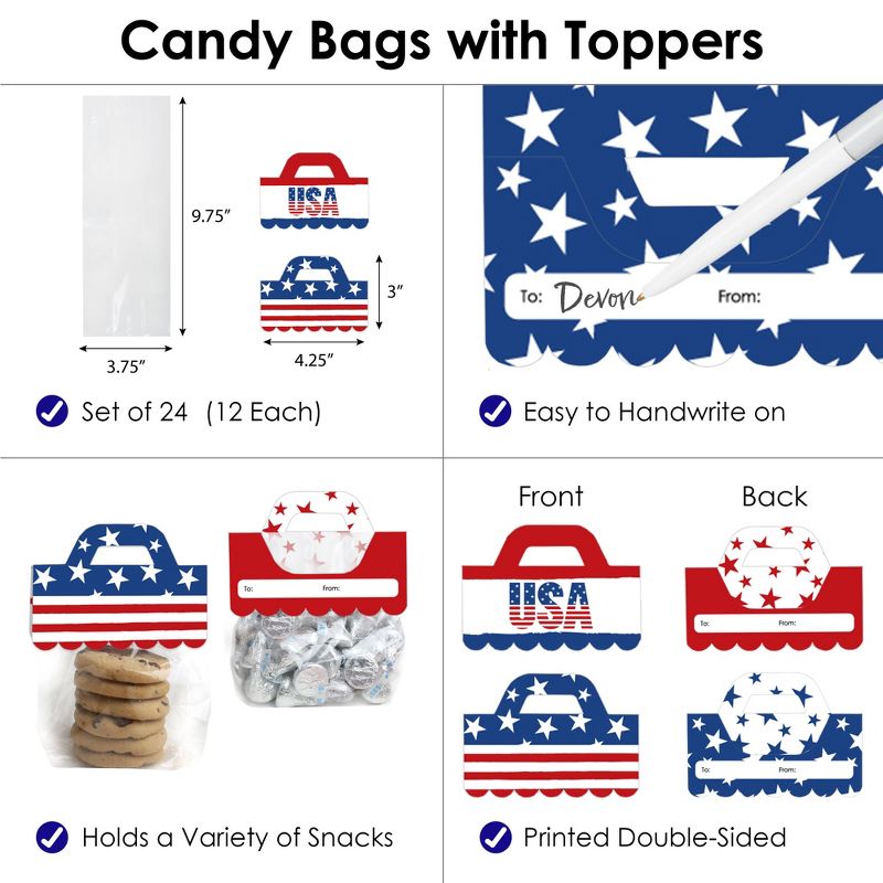 Big Dot of Happiness Stars & Stripes - DIY Patriotic Party Clear Goodie Favor Bag Labels - Candy Bags with Toppers - Set of 24, 4 of 10