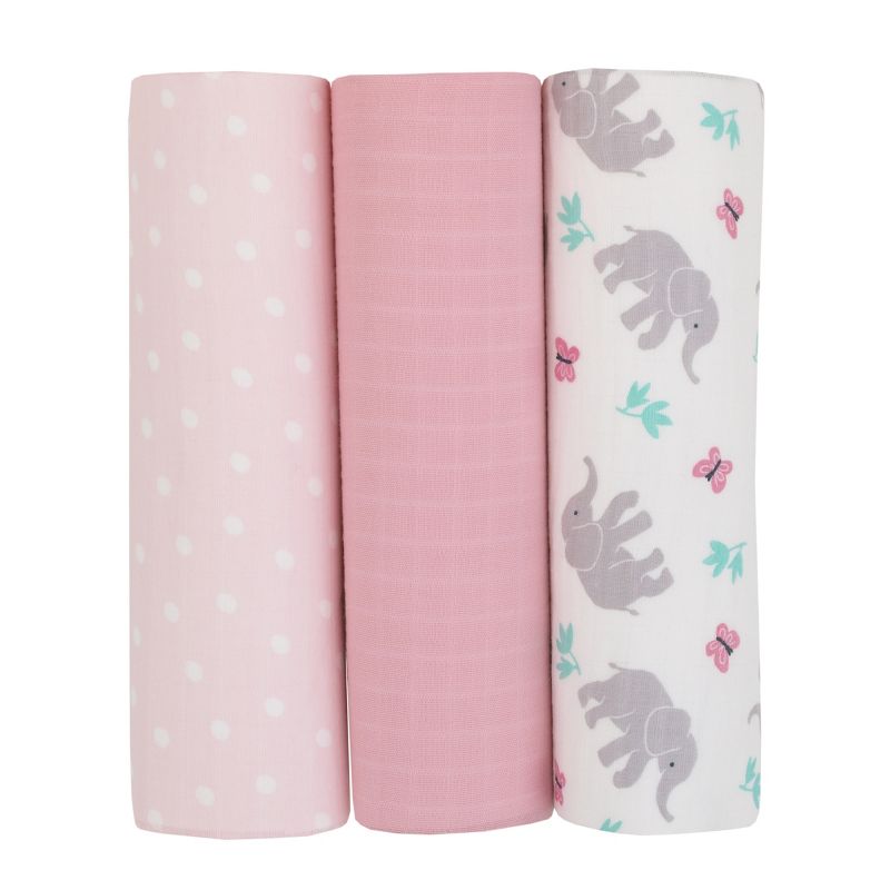 Carter's Floral Elephant Pink and White Butterfly and Polka Dot 100% Cotton 44" x 44" 3 Pack Muslin Swaddle Blanket, 2 of 6