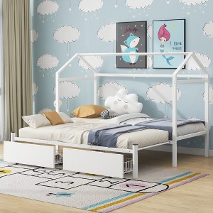 TIRAMISUBEST Twin XL to King Size House Platform Bed with 2 Storage Drawers, Metal House Bed with Roof Design for Kids - 1 of 4