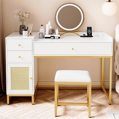 Hooseng White Makeup Vanity Desk with Stools, Rattan Vanity Table Set with Power Outlet with Drawers & Cabinet for Bedroom