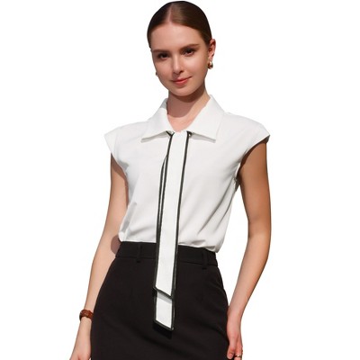 INSPIRE CHIC Women's Button Down Shirt Contrast Color Tie Neck Cap Sleeve Office Blouse