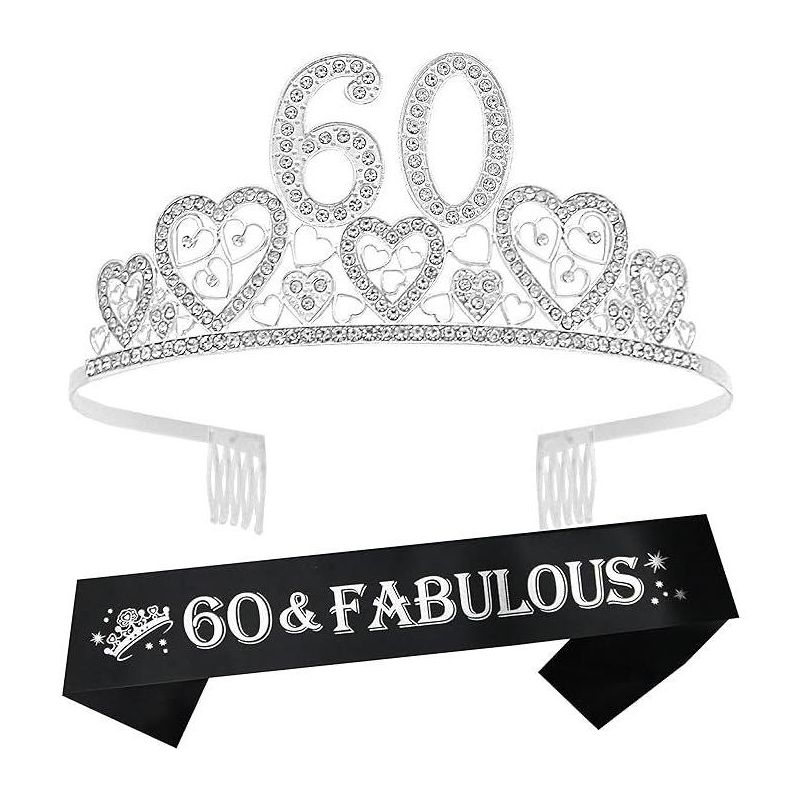 VeryMerryMakering 60th Birthday Sash and Tiara for Women - Fabulous Glitter Sash + Hearts Rhinestone, Silver, 1 of 3