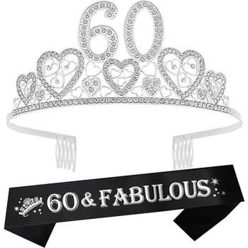 VeryMerryMakering 60th Birthday Sash and Tiara for Women - Fabulous Glitter Sash + Hearts Rhinestone, Silver