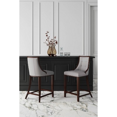 Set of 2 Light Grey Faux Leather Walnut Wood Counter Stools
