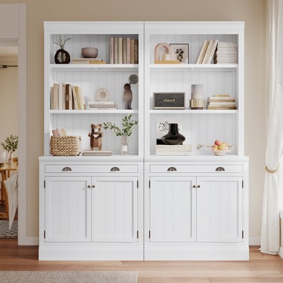 83.4"H Tall Bookshelf with LED Lighting, Modern Storage Bookcase with Open Shelves and Drawers/Desks/Doors, White-ModernLuxe