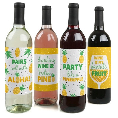 Big Dot of Happiness Tropical Pineapple - Summer Party Decorations for Women and Men - Wine Bottle Label Stickers - Set of 4