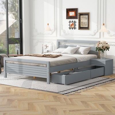 Whisen Full Size Wooden Platform Bed with 2 Storage Drawers and 2 bedside tables