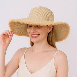 Anna-Kaci Wide Brim Straw Floppy Hat with Frayed Edges Lightweight Sun Protection for Beach Vacation Outdoor Travel Style - 1 of 4
