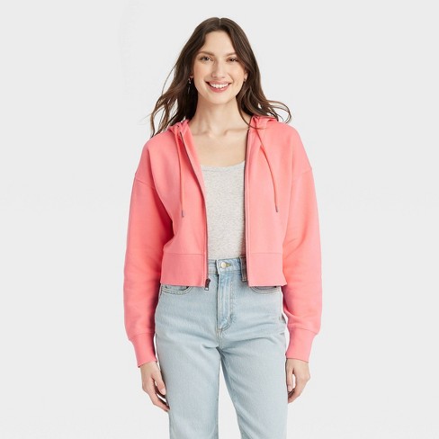 Women's Cropped Hooded Zip-up Sweatshirt - Universal Thread™ Coral Pink S :  Target