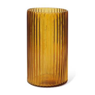HomeRoots 11" Amber Glass Ribbed Cylinder Table Vase