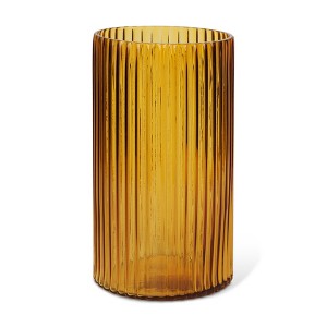 HomeRoots 11" Amber Glass Ribbed Cylinder Table Vase - 1 of 4