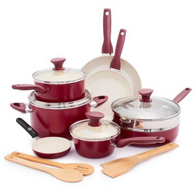 Tasty Clean Ceramic 16 Piece Non-Stick Aluminum Cookware Set, Pink