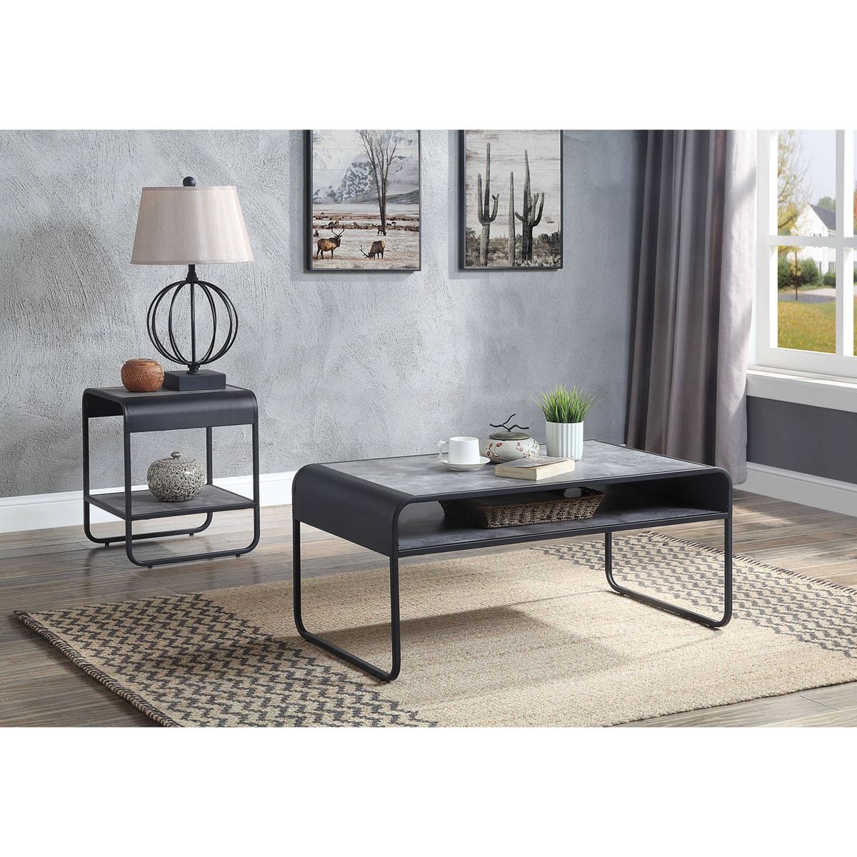 Acme Furniture 42" Raziela Coffee Table Concrete Gray and Black Finish: Loop Leg Design, Wood Composite Top, Metal Frame - thumbnail 3