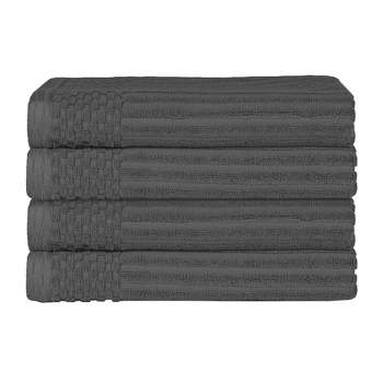 Plush Cotton Ribbed Checkered Border Medium Weight 4 Piece Bath Towel Set, Charcoal - Blue Nile Mills