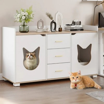 LunaLulinlk White cat litter box furniture with 2 compartments, wooden cat litter box cabinet with drawers