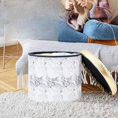 Marble White Round Storage Ottoman with Gold Lid