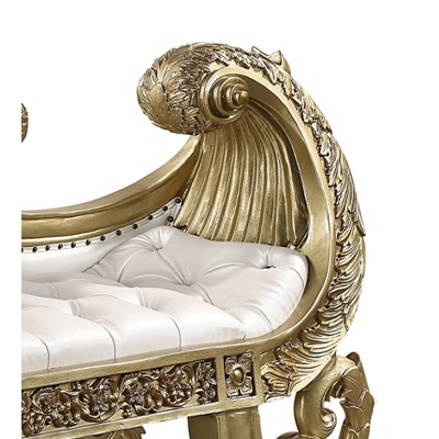 Bernadette White and Gold Synthetic Leather Bench with Intricate Scrollwork