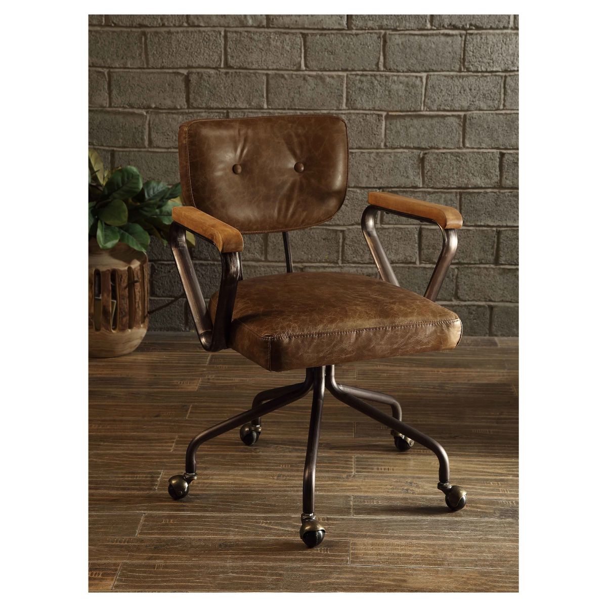 Hallie Task and Office Chairs Ash Brown - Acme Furniture: Faux-Leather, Wood Detail, Fixed Arms - thumbnail 2